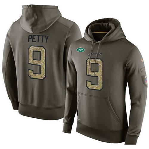 NFL Men's Nike New York Jets #9 Bryce Petty Stitched Green Olive Salute To Service KO Performance Hoodie - Click Image to Close
